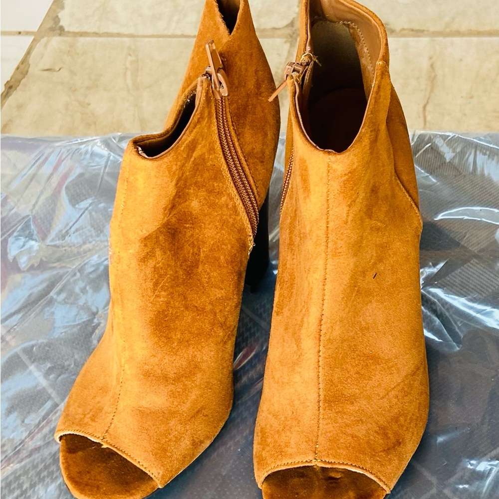 BAMBOO Camel Suede Peep-Toe Booties